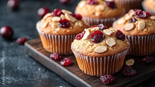 Delightful homemade cranberry almond muffins freshly baked with love on a rustic wooden board capturing simple joys