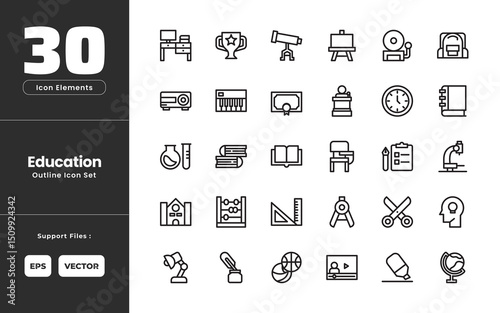Education Icon Set Collection - Outline Line Art Style. Containing Office Desk, Award Trophy, Telescope, Art Board, School Bell, School Bag, Film Projector, Piano, Diploma, Conference, Wall Clock.