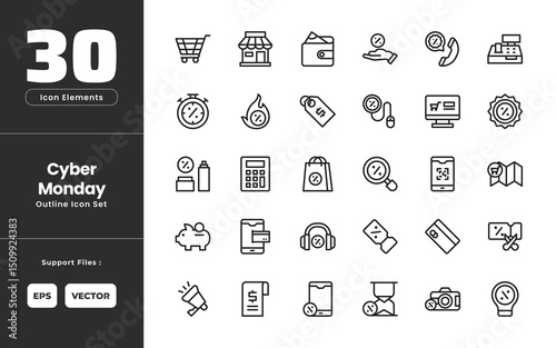 Cyber Monday Icon Set Collection - Outline Line Art Style. Containing Trolley, Store, Money Wallet, Discount Offer, Customer Support, Cash Register, Flash Sale, Hot Sale, Discount Tag, Online Shopping