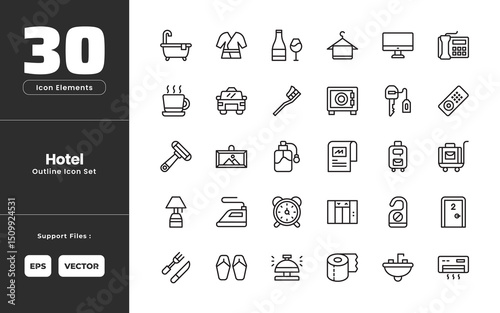 Hotel Icon Set Collection - Outline Line Art Style. Containing Bathtub, Bathrobe, Drink, Towel, Television, Telephone, Coffee Cup, Taxi, Toothbrush, Safety Box, Room Key, Remote Control, Razor.