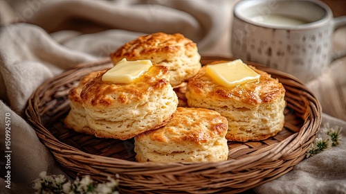 Golden biscuits topped with melting butter invite a cozy breakfast showcasing warm comfort food with country charm in