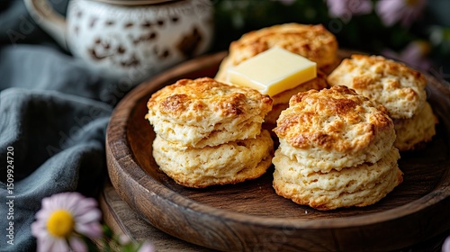 Golden scones with melting butter invite cozy afternoons and cherished teatime moments captured in warm inviting tones
