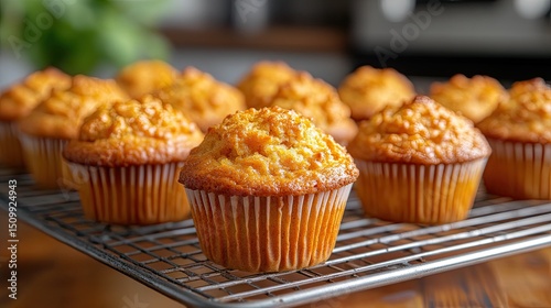 Freshly baked golden muffins cooling on a wire rack ready for a sweet breakfast treat with shallow depth of field and