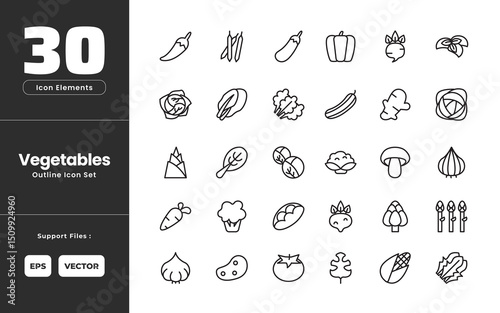 Vegetable Icon Set Collection - Outline Line Art Style. Containing Chili, Green Beans, Eggplant, Green Pepper, Beetroot, Basil, Red Cabbage, Lettuce, Kale, Cucumber, Ginger, Cabbage, Bamboo, Bok Choy.