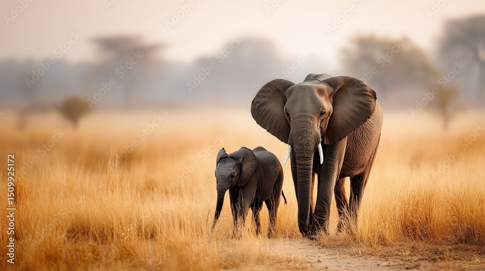 Obraz premium Elephant mom protecting her baby in the savannah