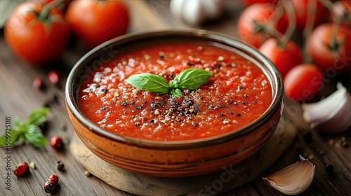 A comforting bowl of rustic tomato soup fragrant basil and pepper on a cozy wooden table perfect homemade meal with