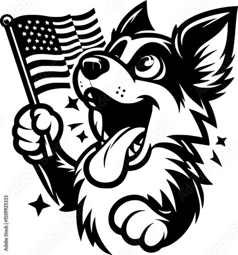 Independence day dog. Patriotic Cartoon Dog Holding American Flag – Vector Illustration