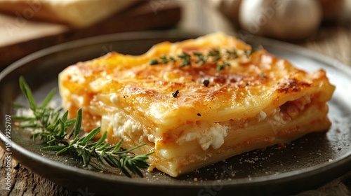 A tantalizing slice of creamy potato gratin baked to golden perfection seasoned with fresh herbs on a rustic dark plate