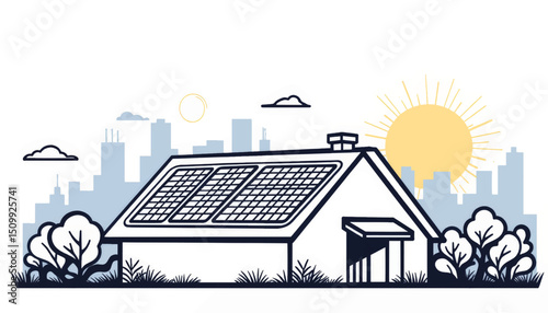 Geometric solar panels on building rooftop, urban sustainability