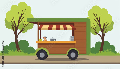 Mobile coffee kiosk in green park setting, minimalist charm