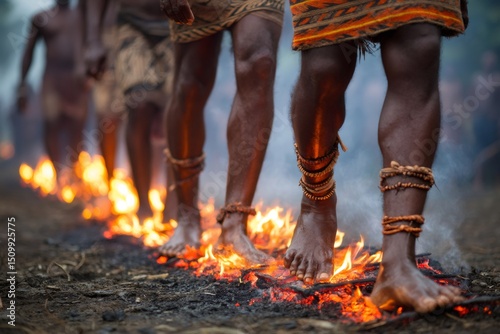 Sawau tribe members walking on hot embers during fire ceremony