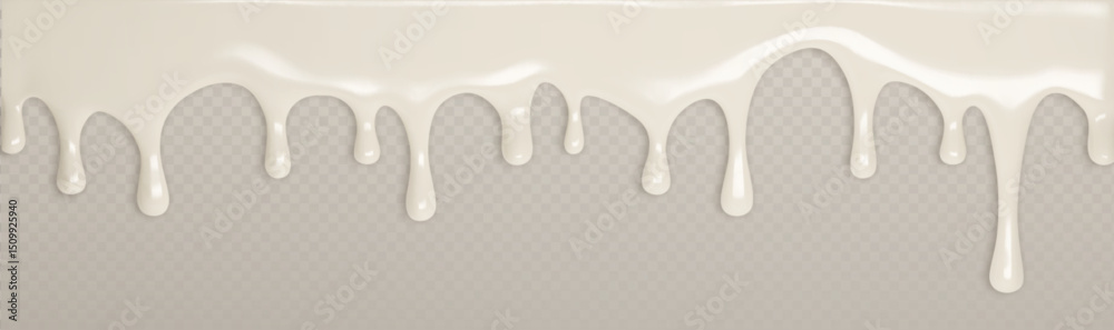 Melting vanilla ice cream drips - creamy liquid icing flowing down on transparent background. Sweet white cream or condensed milk dripping vector border for dessert, drink or yogurt packaging design.