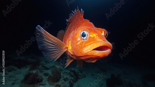 A deep-sea anglerfish illuminating its bioluminescent lure in total darkness photo