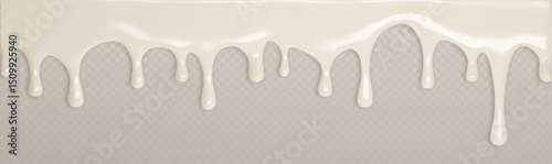 Melting vanilla ice cream drips - creamy liquid icing flowing down on transparent background. Sweet white cream or condensed milk dripping vector border for dessert, drink or yogurt packaging design.
