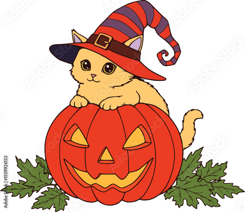 Adorable halloween cat in witch hat sitting on pumpkin lantern, perfect for spooky fall celebrations

