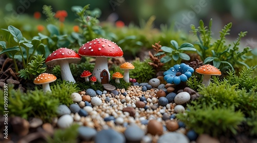 Enchanted Mushroom Village: A whimsical miniature fairy house nestled amongst vibrant flora, showcasing tiny gnomes and a moss-covered pathway. generative.ai
