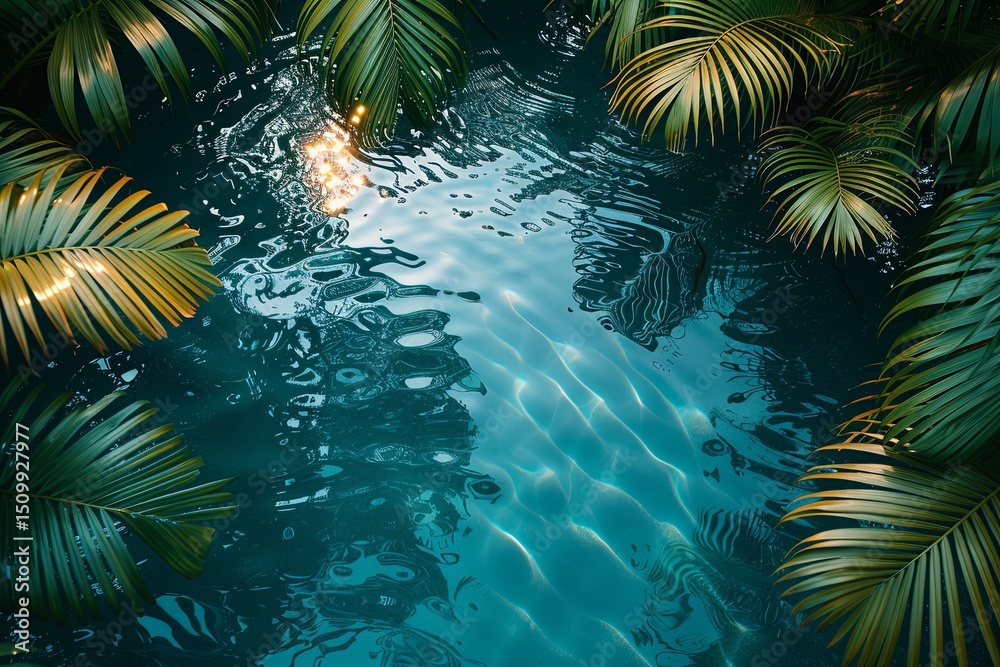 Tropical Leaves Overlooking Blue Rippling Water Tropical Leaves Overlooking Blue Rippling Water