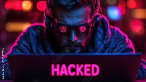 Hacker Typing on Laptop with Glowing Hacked Text