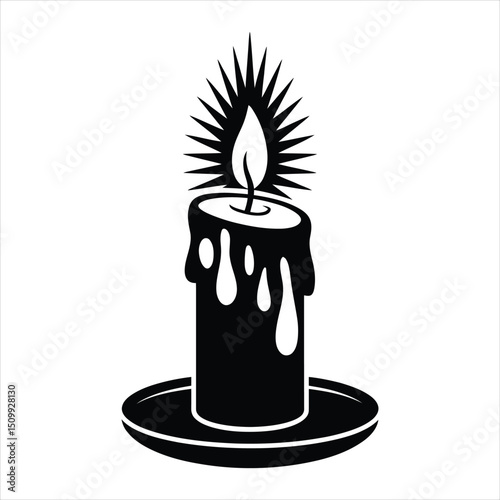 Black and white lit candle vector illustration on a candle holder with a white background
