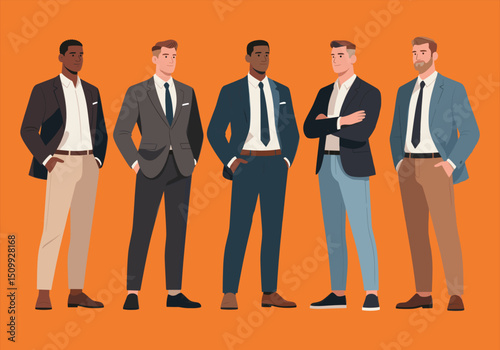 Group of five stylish businessmen standing confidently in suits with orange background diversity corporate team vector illustration