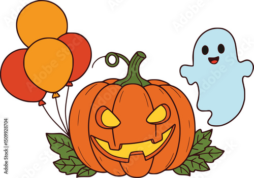 Vibrant halloween illustration with cheerful jack-o'-lantern, friendly blue ghost, and festive orange balloons