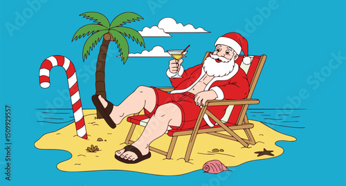 Tropical santa claus enjoying summer vacation on a beach with palm trees, wearing sunglasses and sitting by a cooler