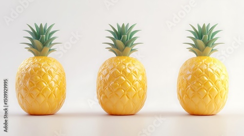 3D render of three yellow pineapples against a light beige background.