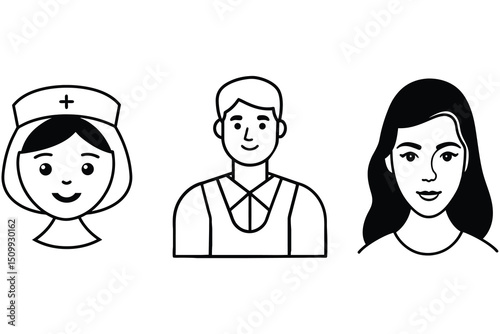 A nurse and normal woman and normal people line out silhouette vector with white backgrounds 