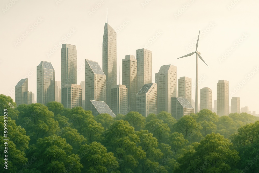 Fototapeta premium Green City With Skyscrapers And Wind Turbine In Forest