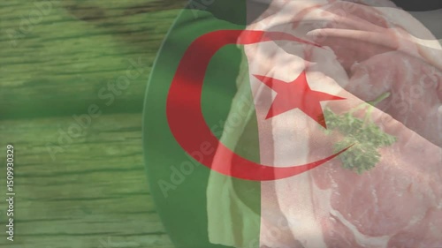 Algerian flag overlay waving, cast iron skillet sliding with raw meat parsley-topped for showcase