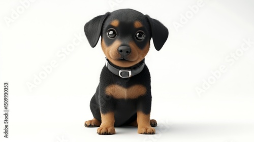 3D render of a cute, sitting puppy with black and tan fur and a collar.