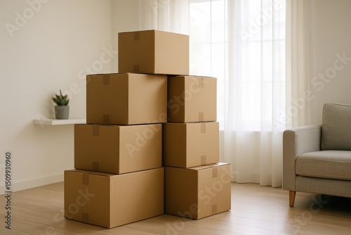 Stack Of Cardboard Moving Boxes In Sunlit Living Room