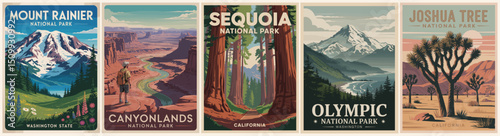 Retro vector poster set of US National Parks including Mount Rainier, Canyonlands, Sequoia, Olympic, and Joshua Tree. Vintage travel design for prints, decor, souvenirs, or wall art
