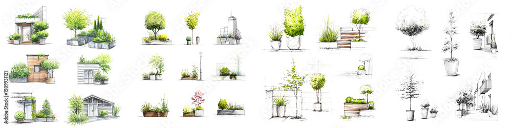 Fototapeta premium Lush greenery, elegant plants, and garden designs featuring decorative planters, vibrant foliage, floral arrangements, and natural elements for landscaping projects and inspiration