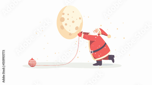 Santa Claus Tugging the Moon: A Whimsical Christmas Flat Vector Illustration Sky Joy Rope Cute Pull 