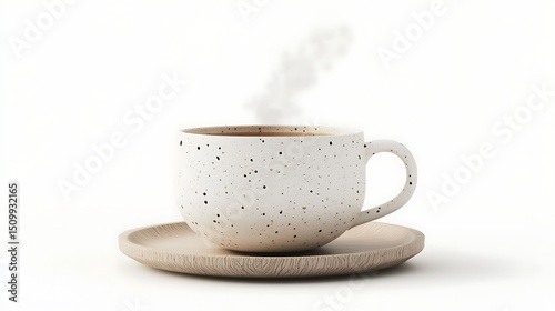3D render of a white ceramic mug with steam, resting on a wooden saucer against a white background.