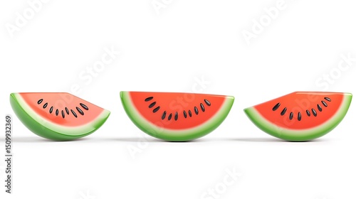 3D render of three identical watermelon slices arranged on a white surface.