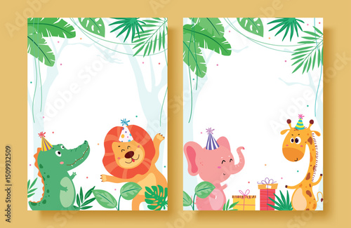 Cute jungle animals wearing party hats celebrate with gifts and decorations. Perfect for kids’ birthday invitations, greeting cards, and party printables. Bright, festive, and fun.