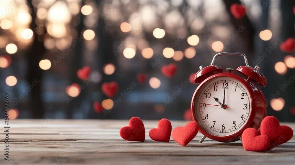 Red clock and hearts for celebration or romance concept