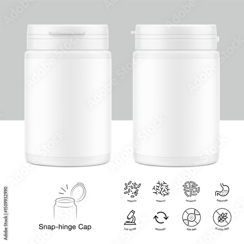 White plastic bottle container with snap-hinge cap with set icons. Vector illustration isolated on white background. Mockup perfect show your product with tamper evident push-on hinged cap. EPS10.