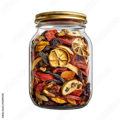 Glass Jar Filled with Colorful Dried Fruits and Herbs for Culinary Use on transparent background