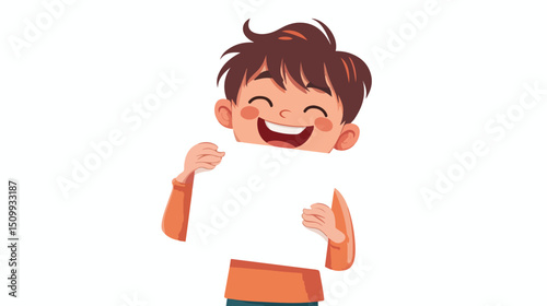 Joyful Young Boy Holding Blank White Square, Happy Child, Giggles, Laughter, Fun, Playful, Cheerful,