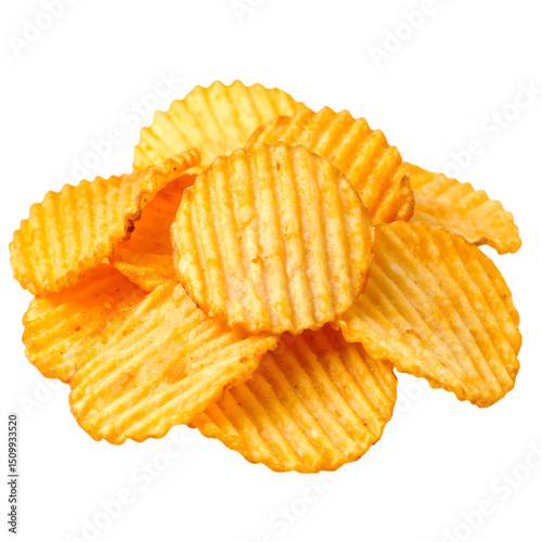 Crispy, golden ridged potato chips stacked together in a tempting pile