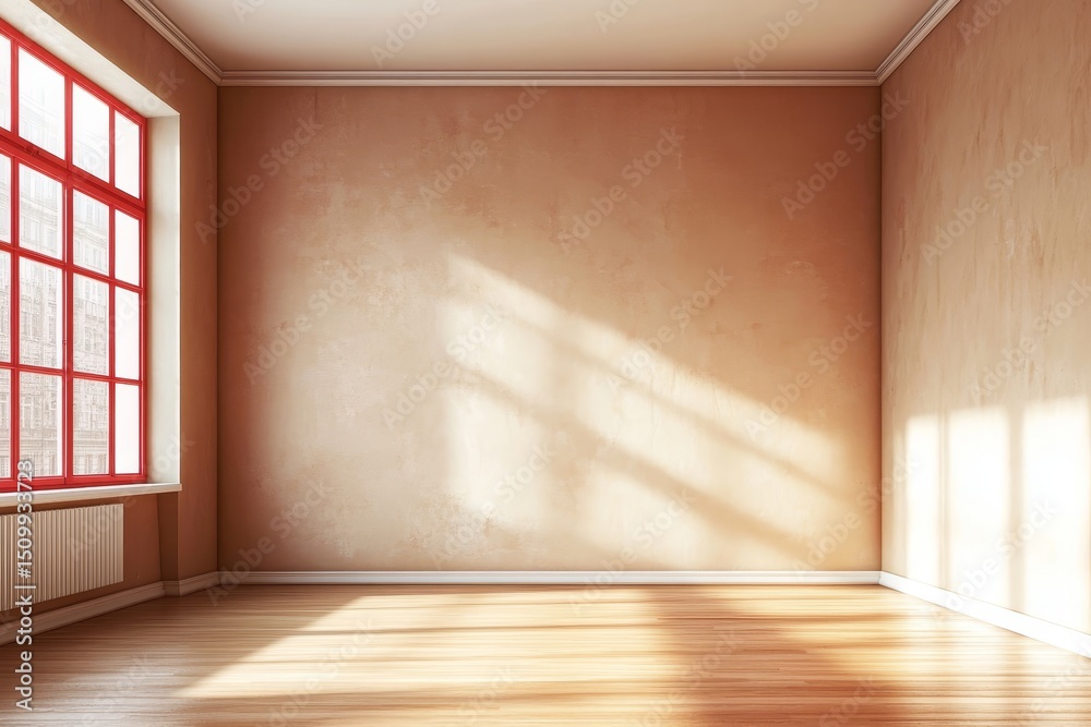 Obraz premium Minimalist Room Design Showcasing Simple Calm Brown Architecture with Sun Shadows and Clean Decor