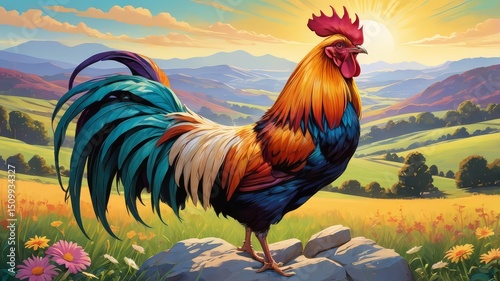 SEO Friendly Title: Vibrant Rooster at Sunrise in a Floral Meadow | Countryside Art Print, Portugal.