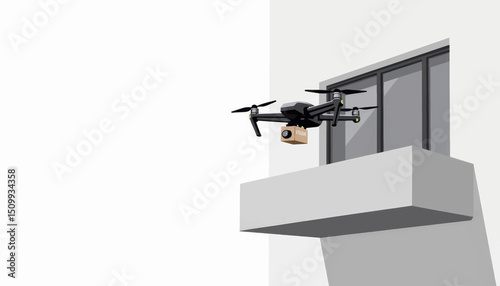 Streamlined drone delivering package near minimalistic balcony, modern convenience