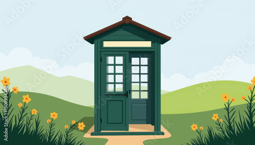 Traditional self-service library booth in countryside setting, simplicity