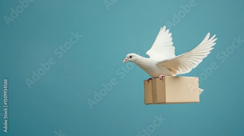 Pigeon bird carries cardboard box in flight against blue background. Symbol of fast delivery post service, peace. Concept of package transportation, parcel, online shopping, eco-friendly delivery.