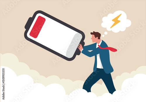 Businessman pushing giant low battery icon with lightning symbol thinking about energy recharge concept vector illustration