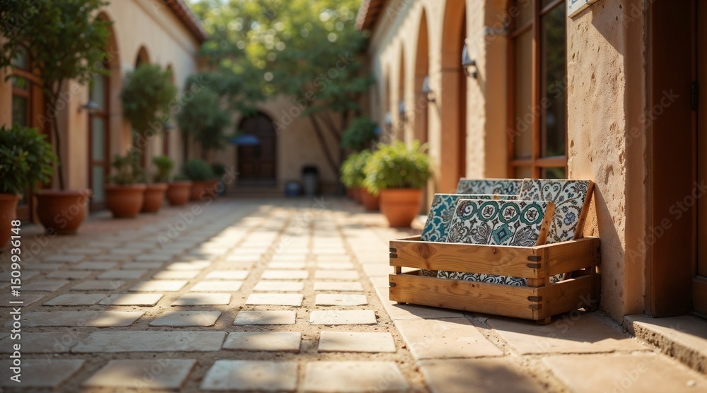 Fototapeta premium Decorative wooden bench with patterned cushions in courtyard setting 